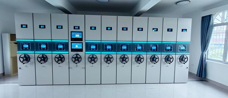 Smart carriages with cyan light band · RFID-ready installation