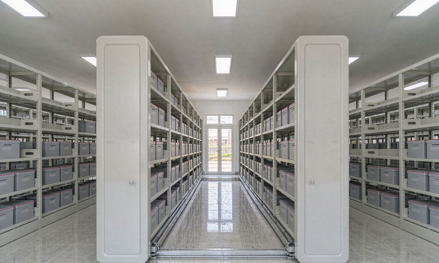 Bright archive room with two parallel runs of mobile compactor shelving on floor rails, central aisle open