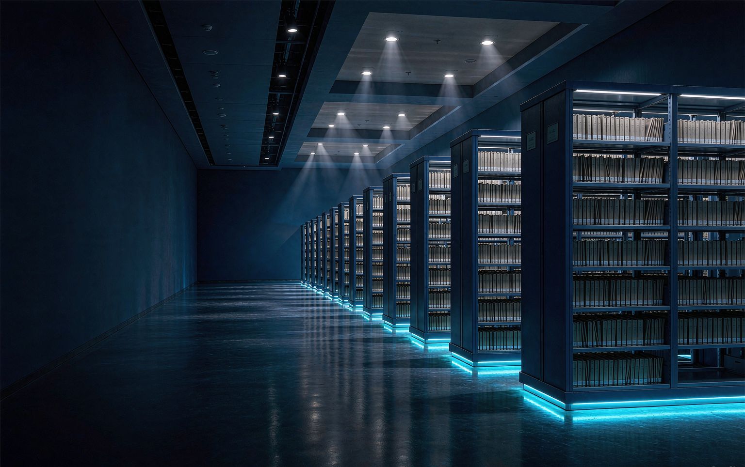 Dark intelligent archive hall with RFID smart shelving and cyan LED guidance