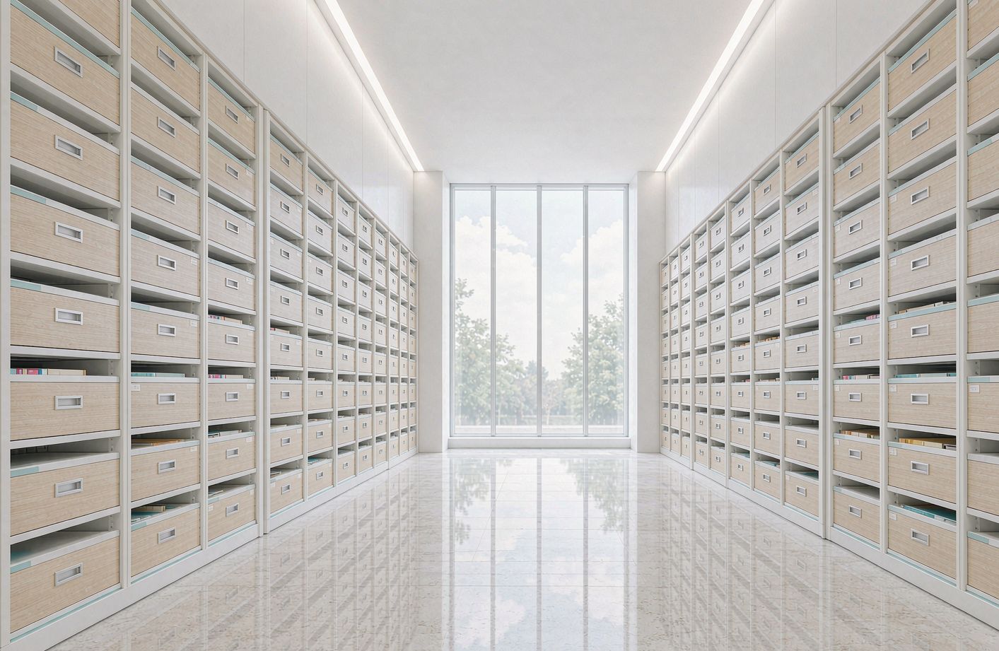 Bright library archive hall with mobile compact shelving