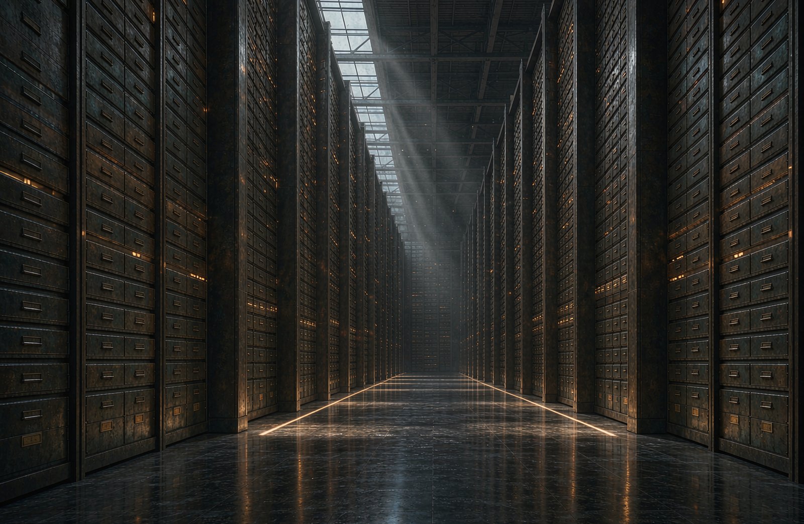 Deep archive hall lined with dense drawer cabinets