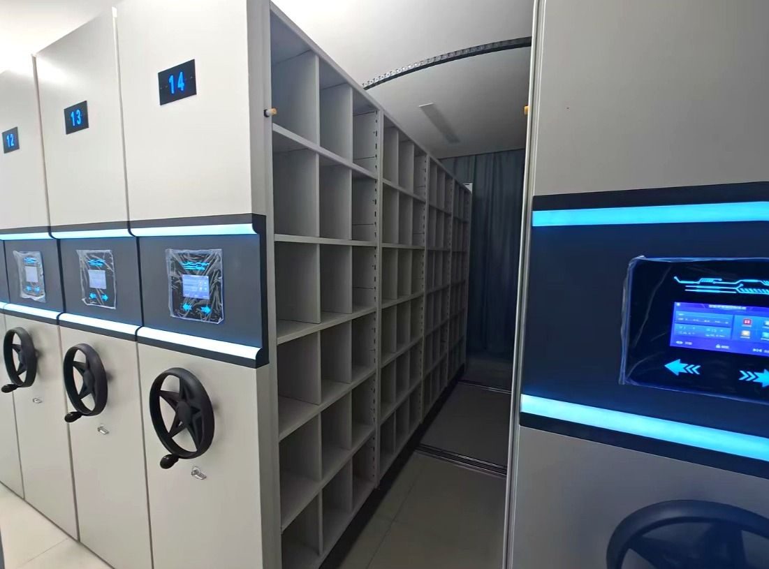 Court case file archive with locked compactor shelving