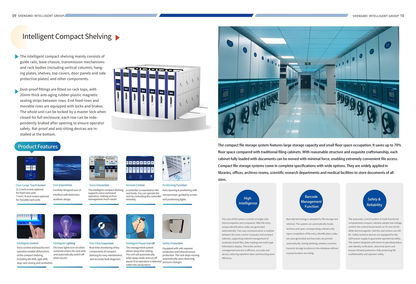 Intelligent Compact Shelving spread from the catalog: product features and the LED light-strip terminal aisle