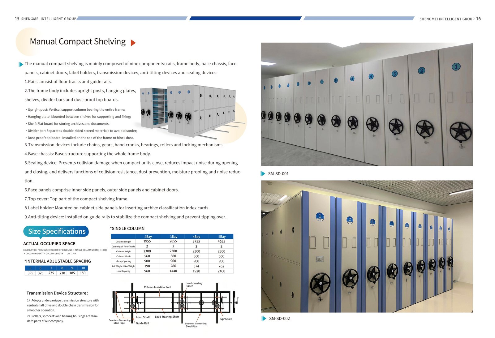 Manual Compact Shelving spread from the catalog: size specifications table and hand-wheel cabinet photos