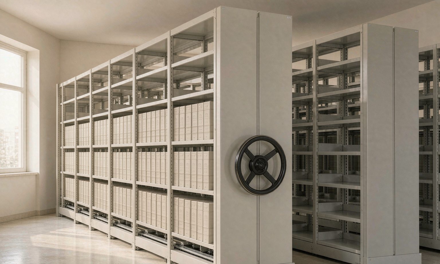 Corporate records hall with mobile compact shelving in soft morning light