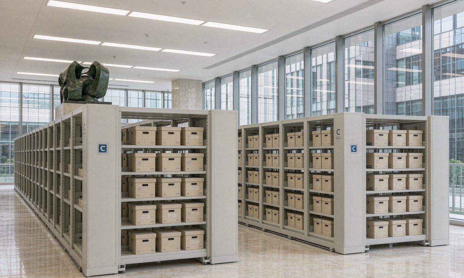 Corporate document center with mobile compact shelving full of labelled archive boxes