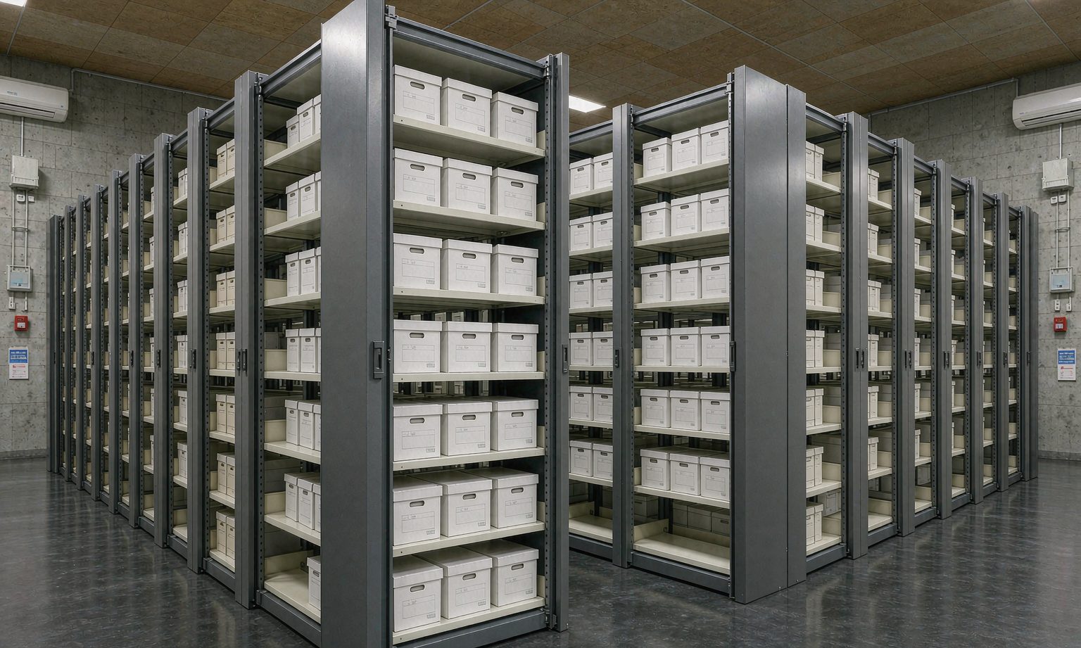Finance records room with mobile compact shelving holding boxed files by year