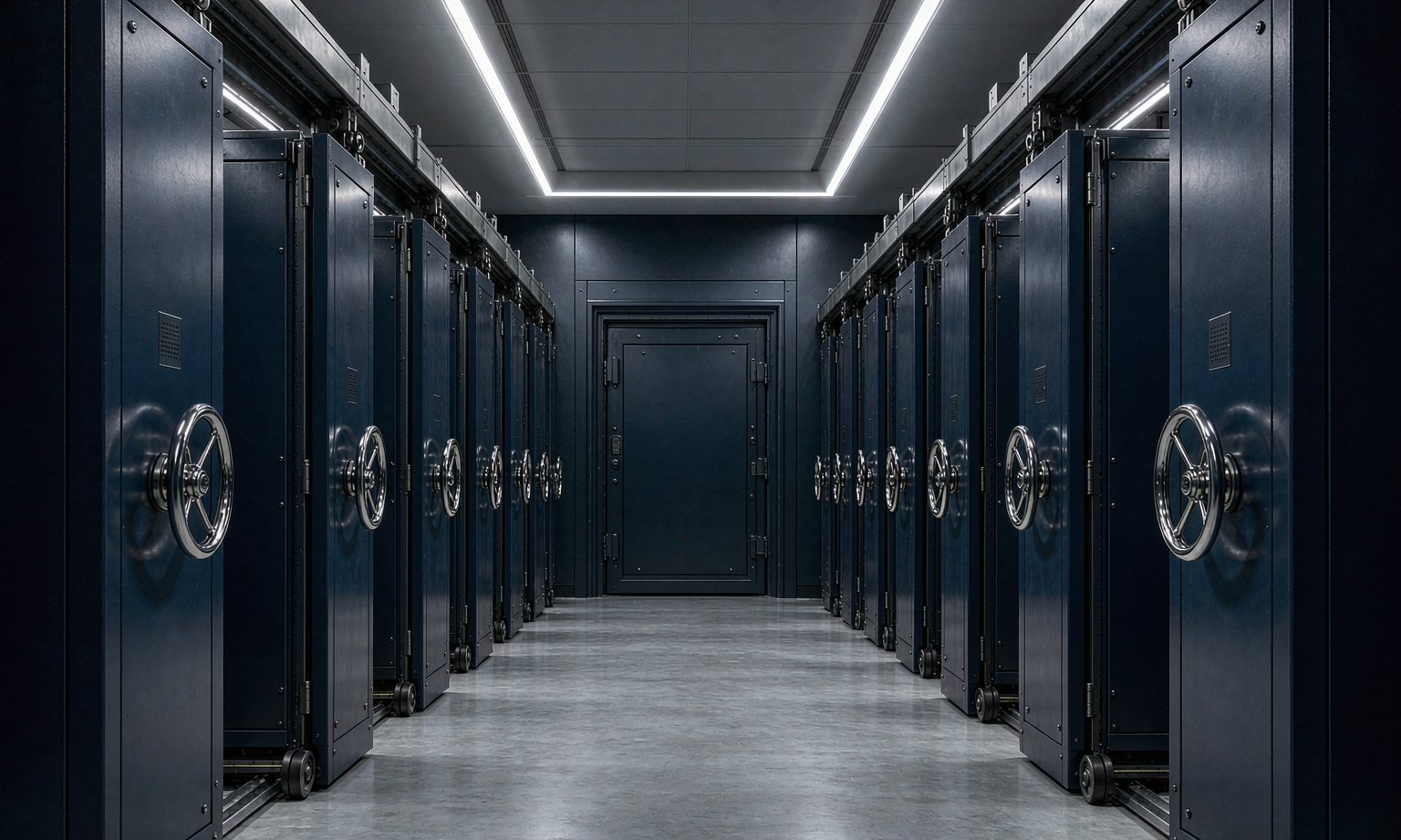 Secure financial records vault with navy mobile compact shelving runs