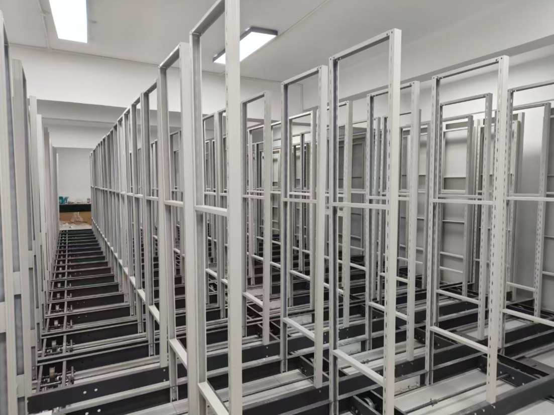 Frame carriages positioned on installed floor rails