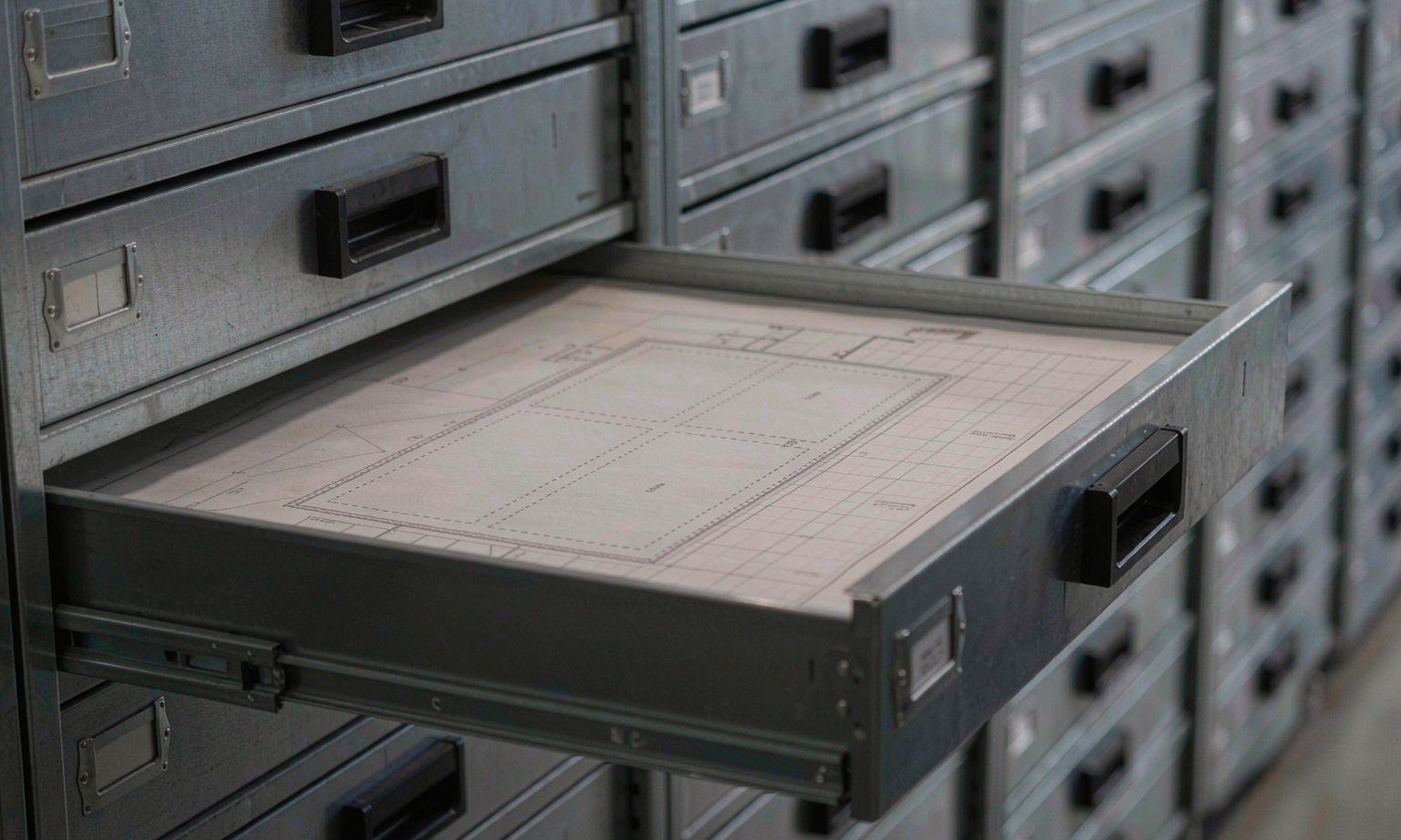 Open flat-file plan drawer holding a technical drawing sheet
