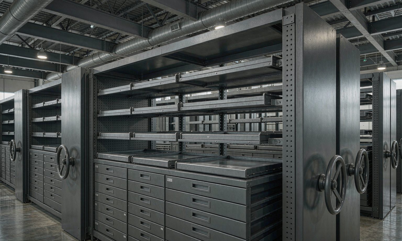 Industrial technical archive with mobile compact shelving storing engineering drawings