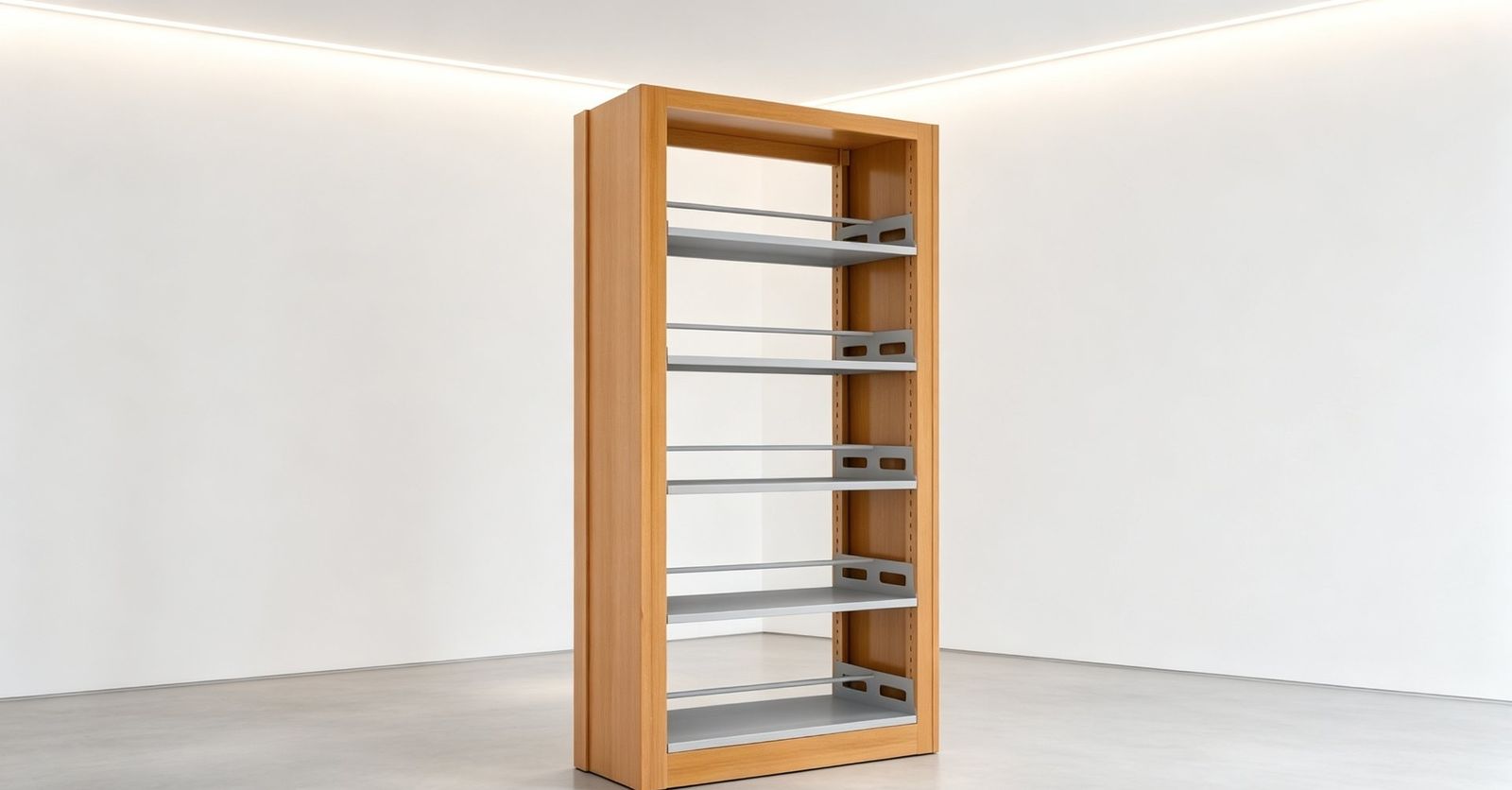 Empty steel bookshelf product shot
