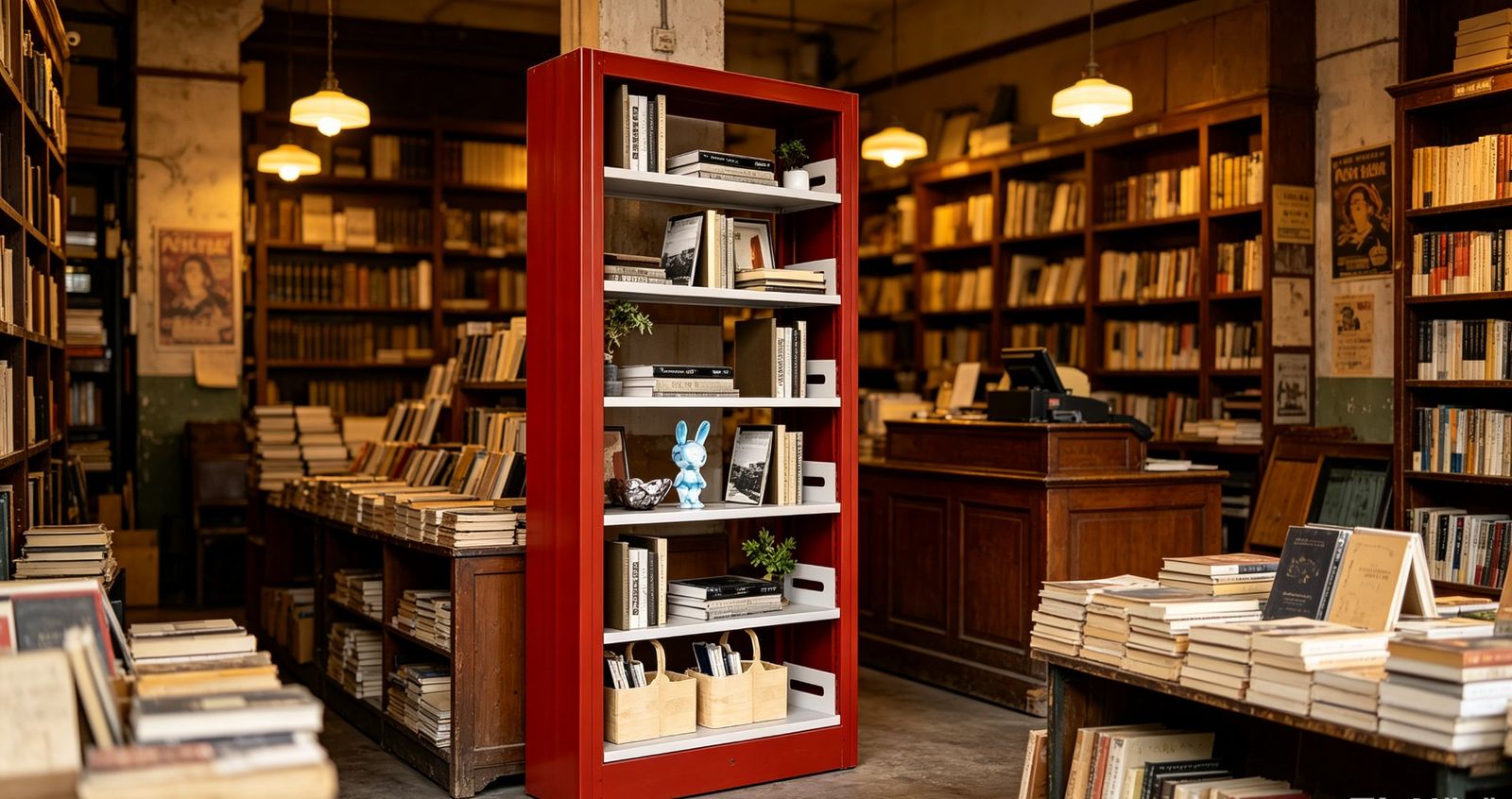Red steel bookshelf in a bookshop interior