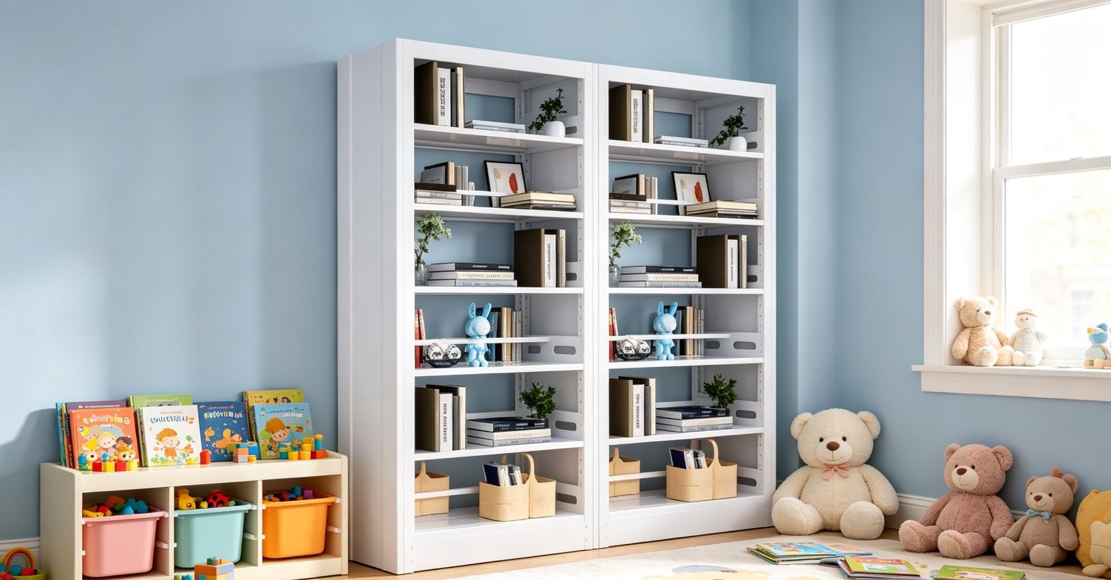 White shelving in a children library corner