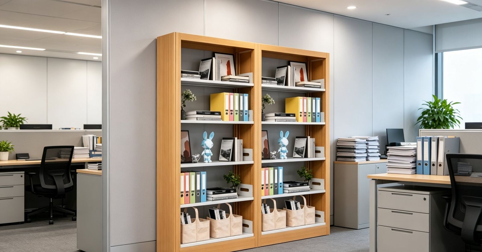 Wood-grain shelving in a warm reading room