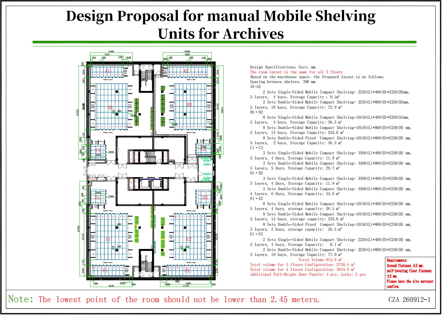 Design proposal drawing for a three-storey archive with mobile shelving zones, bay counts and storage capacity figures