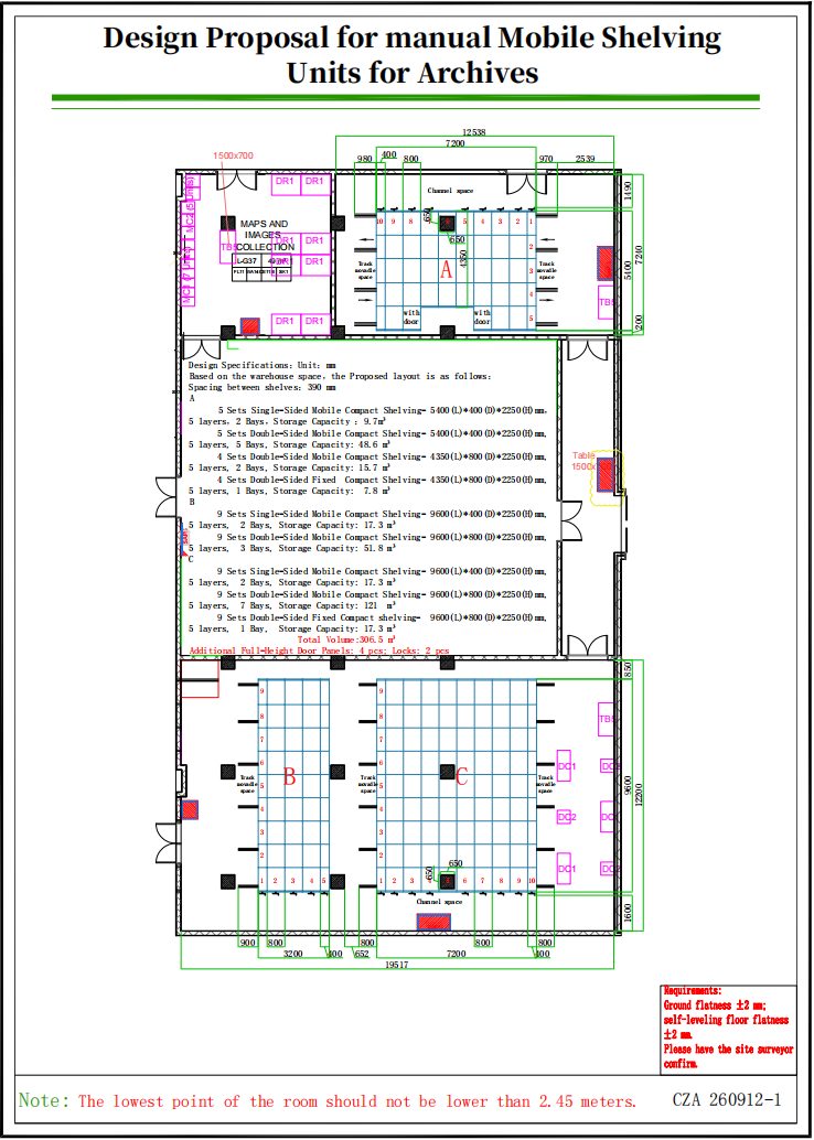 Design proposal sheet for manual mobile shelving units in an archive, with zone drawings, specifications and capacity calculations