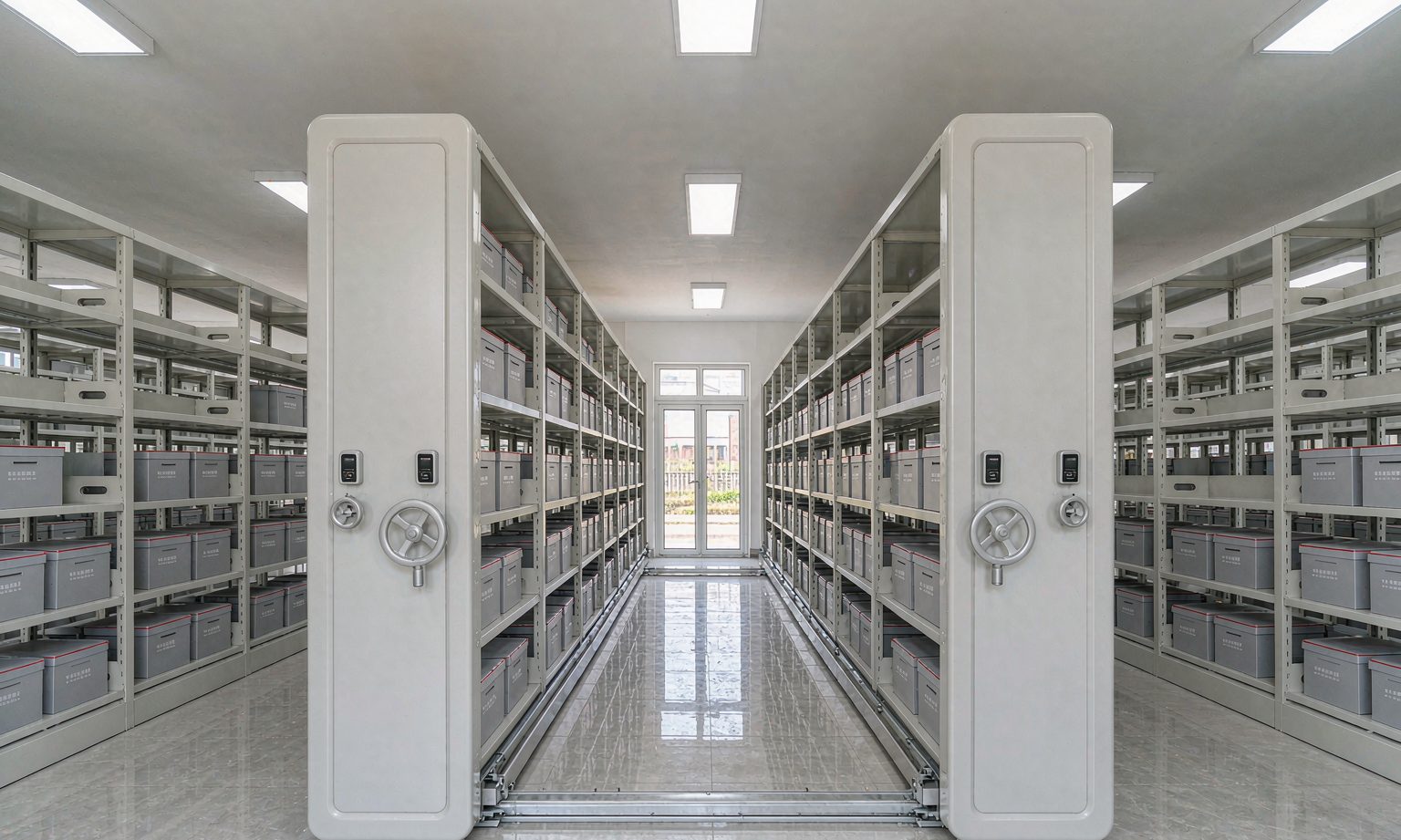 Bright records hall with closed mobile compact shelving bays full of labelled archive boxes