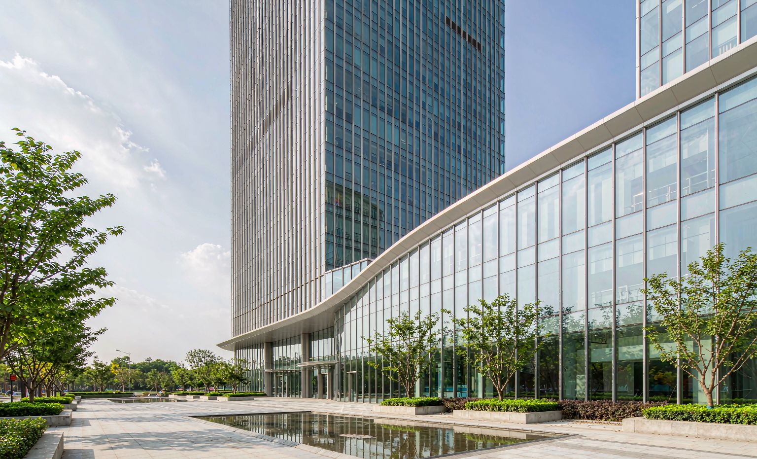 Corporate headquarters building with glass facade