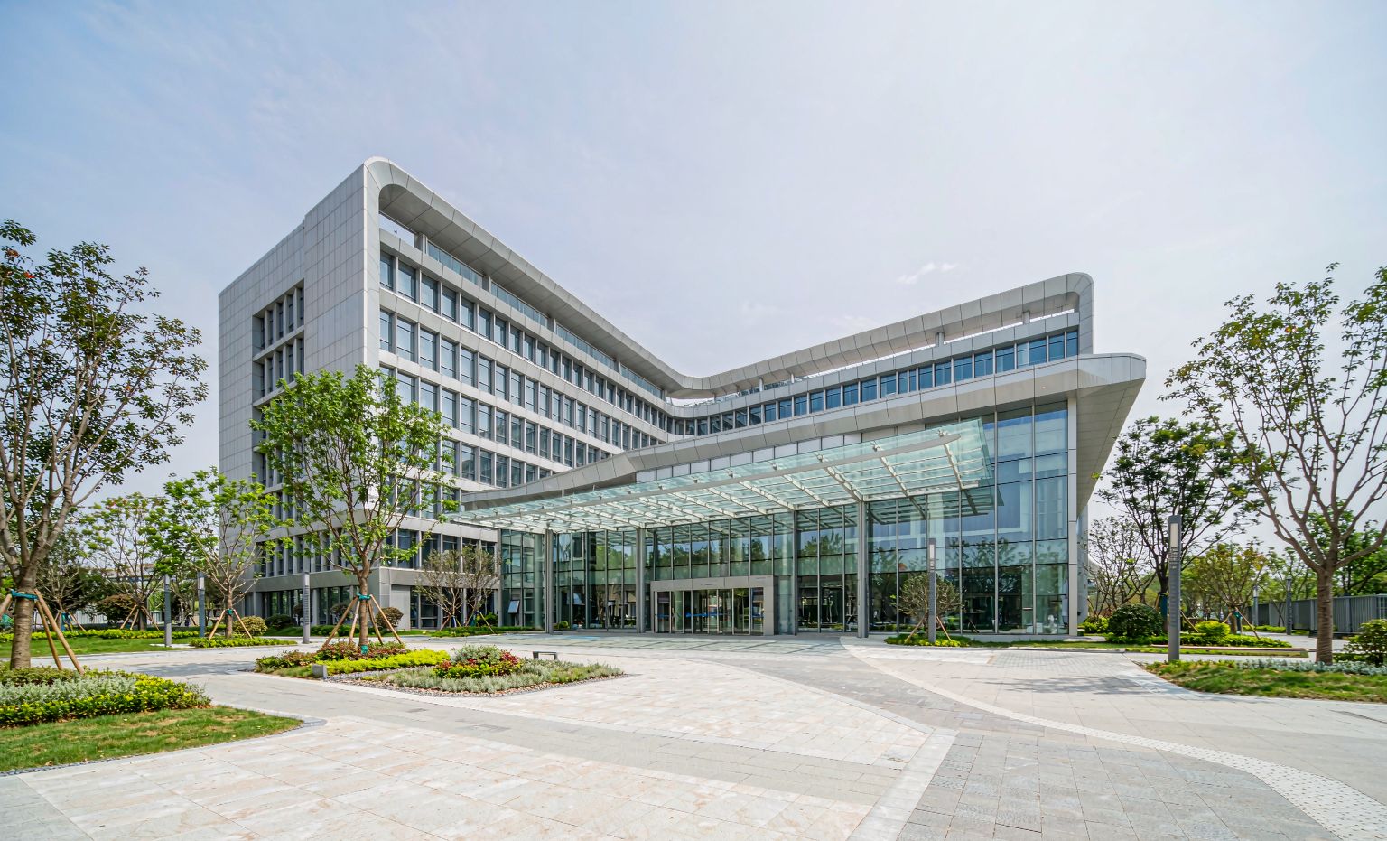 Modern hospital building with glazed entrance