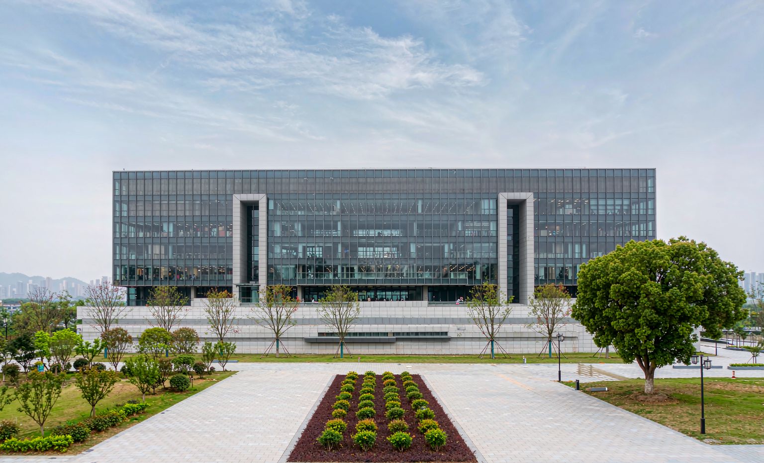 Public records center building with landscaped plaza