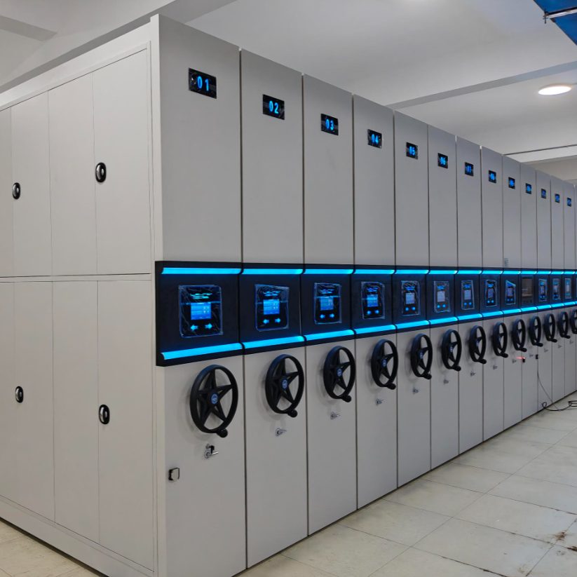 Smart mobile compactor shelving bank with LCD terminals ready for collections
