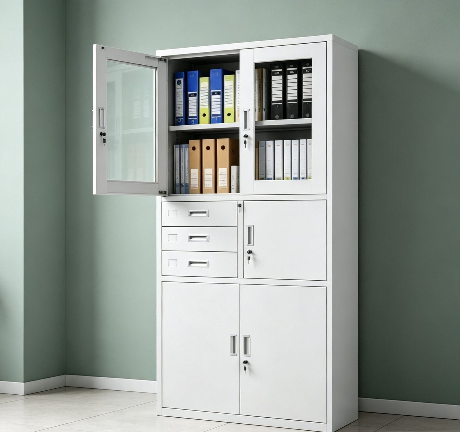 Steel cabinet with drawers and glass doors